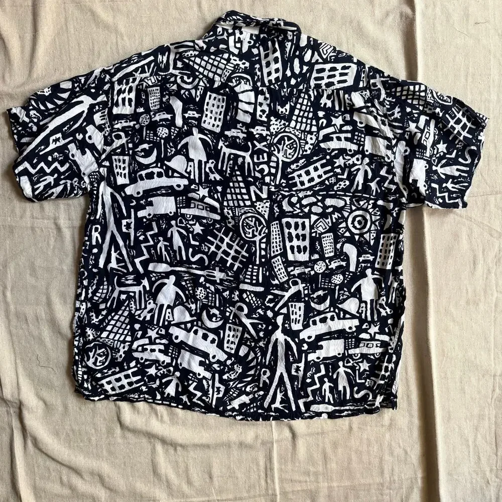 VTG 90s Pink Dragon Neiman Marcus Rayon Abstract City Loop Collar Shirt Men's XL